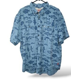 Coleman SZ XXL Shirt Fish Print Blue Lightweight Short Sleeve Striped Bass